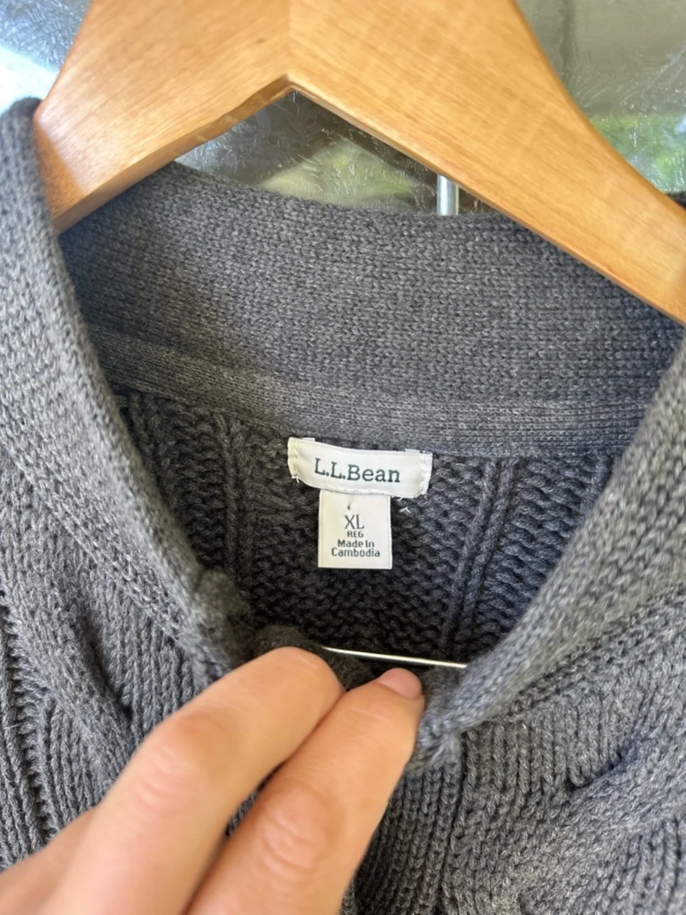 LL BEAN Womens XL Fisherman Cable Knit Button Up Grey Cardigan Sweater Heavy